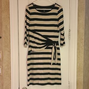 White House Black Market Black and Tan Striped Faux Wrap Dress Size 8